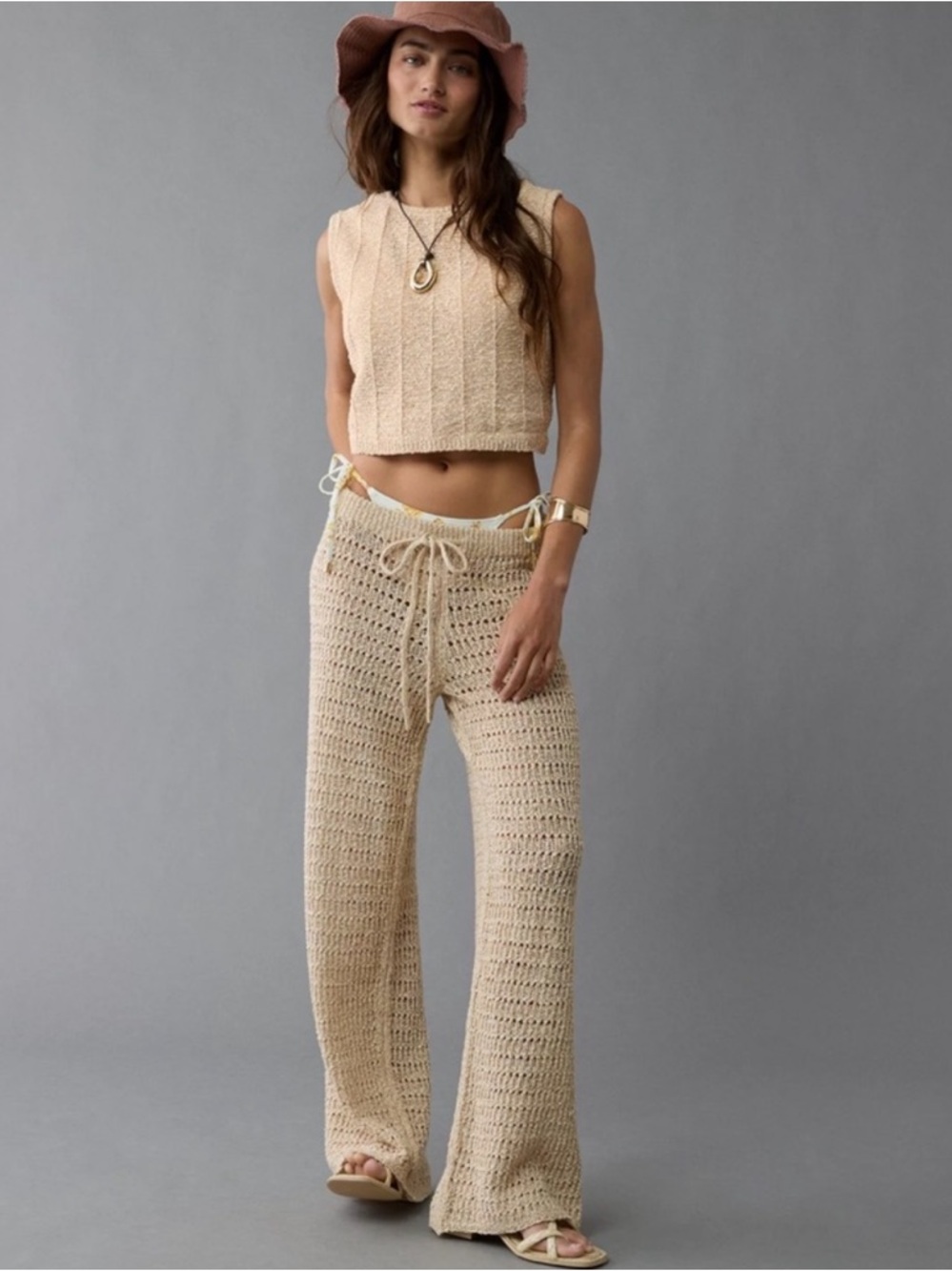 American Eagle Outfitters Crochet Knit Wide-Leg Knit Swim Cover Beach Pants